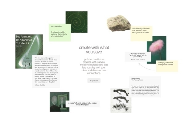 Abstracte afbeeldingen en tekstblokken worden weergegeven op een wit canvas verschillende kleuren en vormen zijn zichtbaar het geheel nodigt uit tot creativiteit en reflectie over ideeën en verbindingen