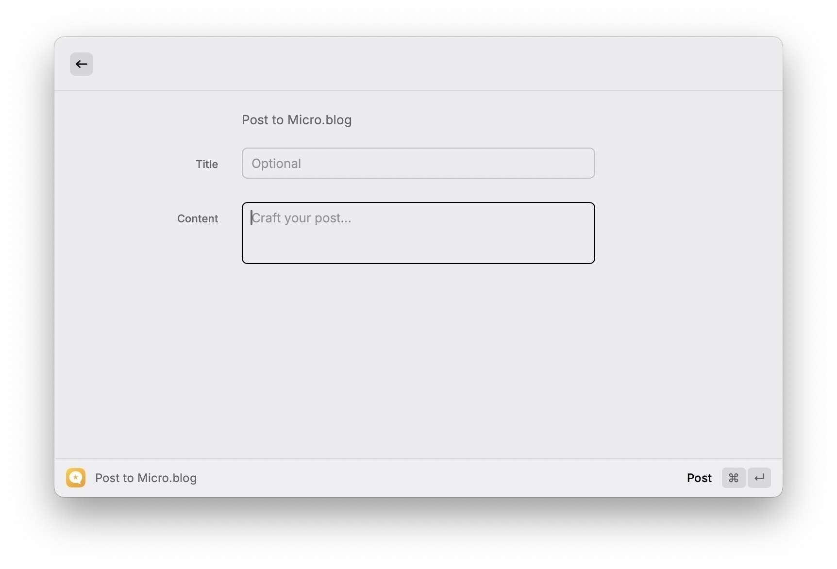 Een witte interface toont een tekstinvoerveld waarin gebruikers hun inhoud kunnen schrijven met knoppen voor het posten van berichten naar een blogplatform in een minimalistische digitale omgeving.