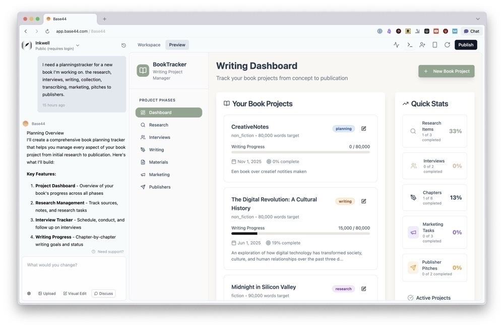Eerste opzet van Base44 voor mijn projecttracker