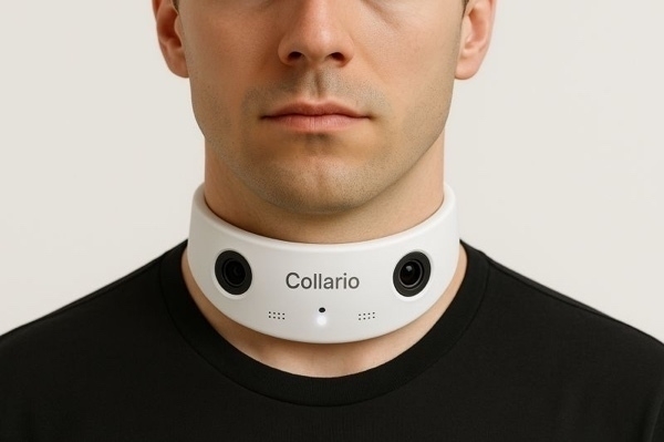 Een witte halsband met camera’s hangt om de nek van een man terwijl hij recht in de camera kijkt in een neutrale omgeving.