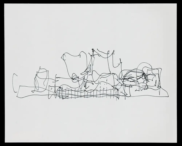 Een abstracte lijntekening toont verschillende overlappende en elkaar kruisingen vormen die samen een complex geheel vormen op een egale achtergrond zonder kleur of detail.