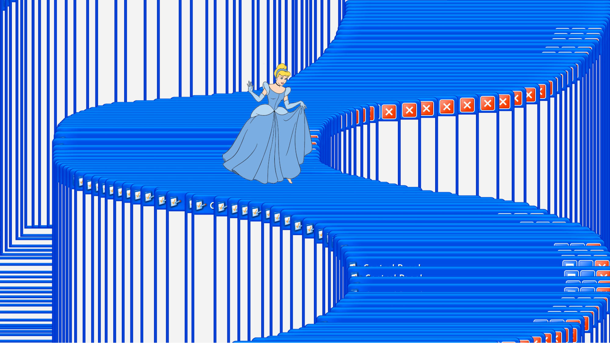 Een tekenfilmfiguur danst met een zachte glimlach omringd door een abstracte achtergrond met blauwe lijnen en rechthoekige vormen die aan schermen doen denken met enkele knoppen en tekst.